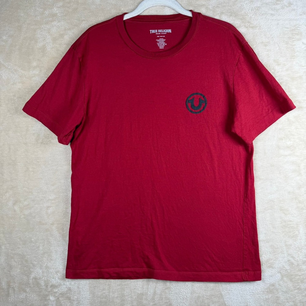 True Religion Mens L Red Buddha Graphic Horseshoe Logo T-Shirt Hip Hop Y2K Retro